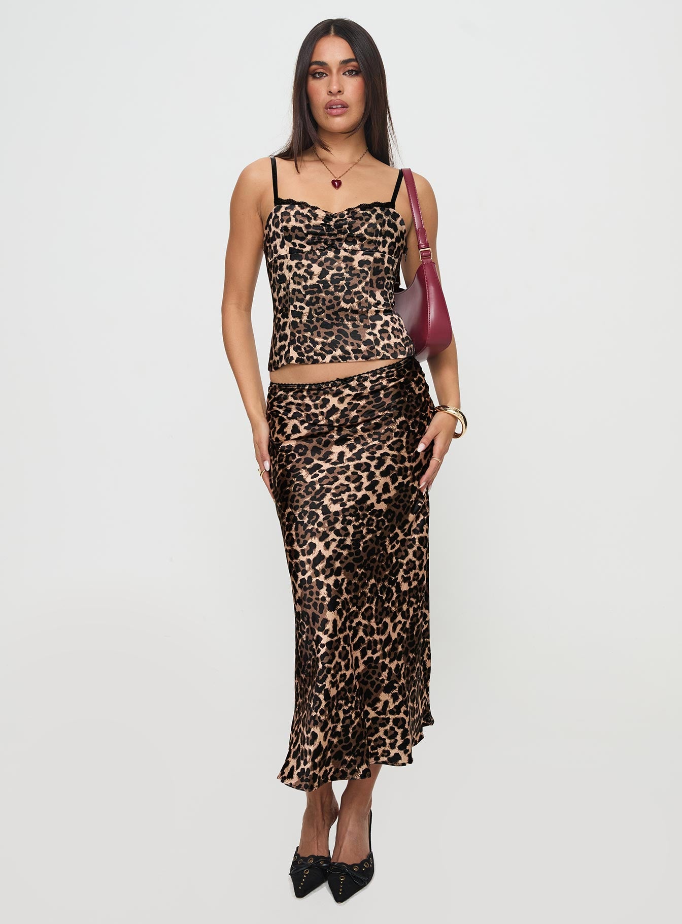 front view of model wearing Princess Polly Enigmatic Cami Top Leopard Sleeveless Sweetheart 