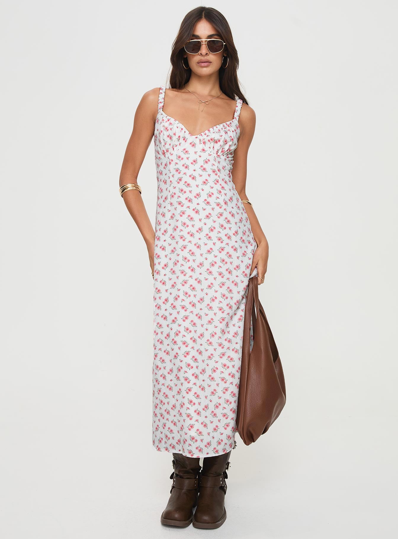 Georgia Midi Dress White / Pink Floral | Princess Polly Georgia Midi Dress White / Pink Floral | Princess Polly