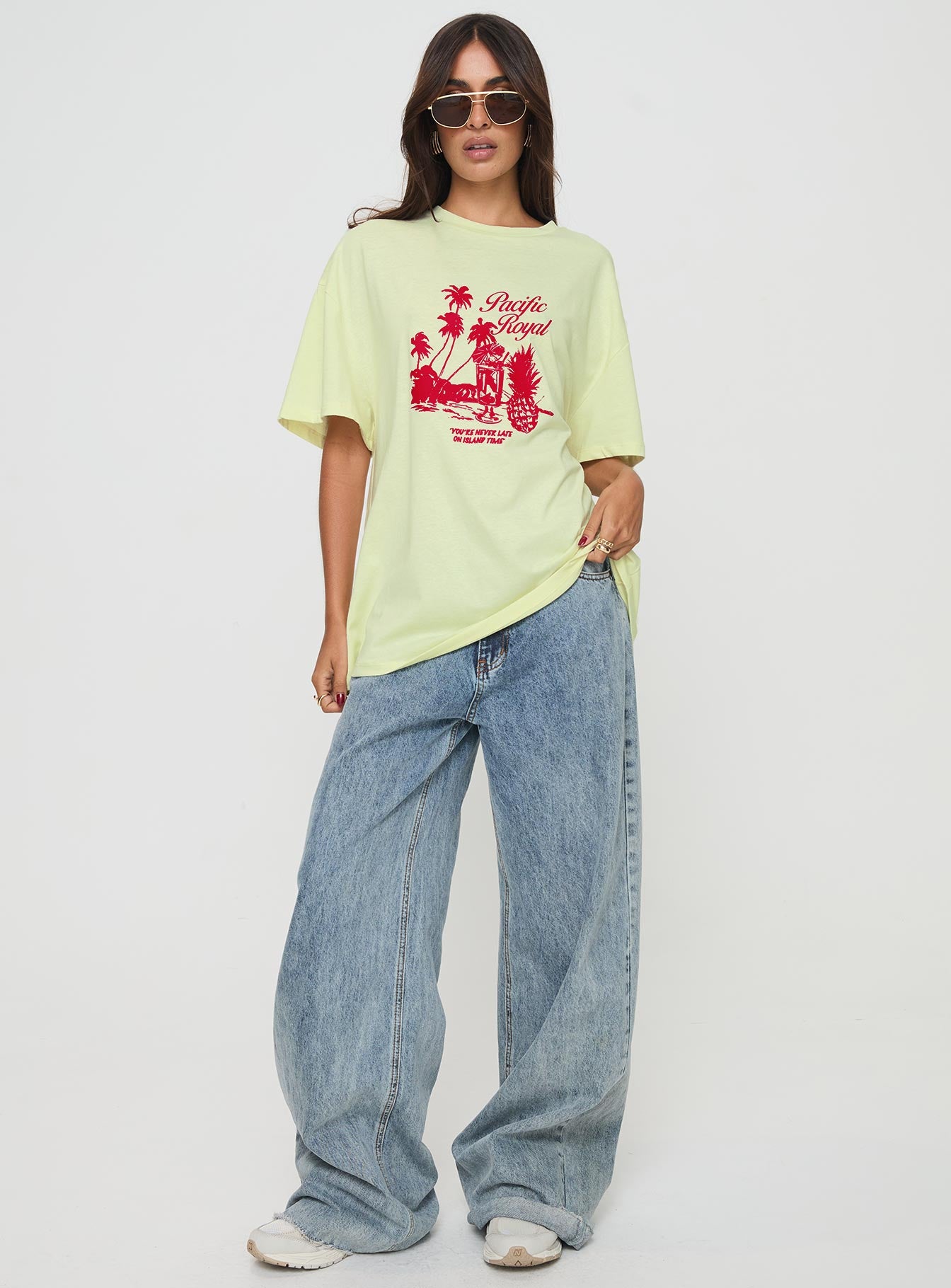 front view of model wearing Princess Polly Pacific Tee Yellow Half Sleeves Crew Neck 