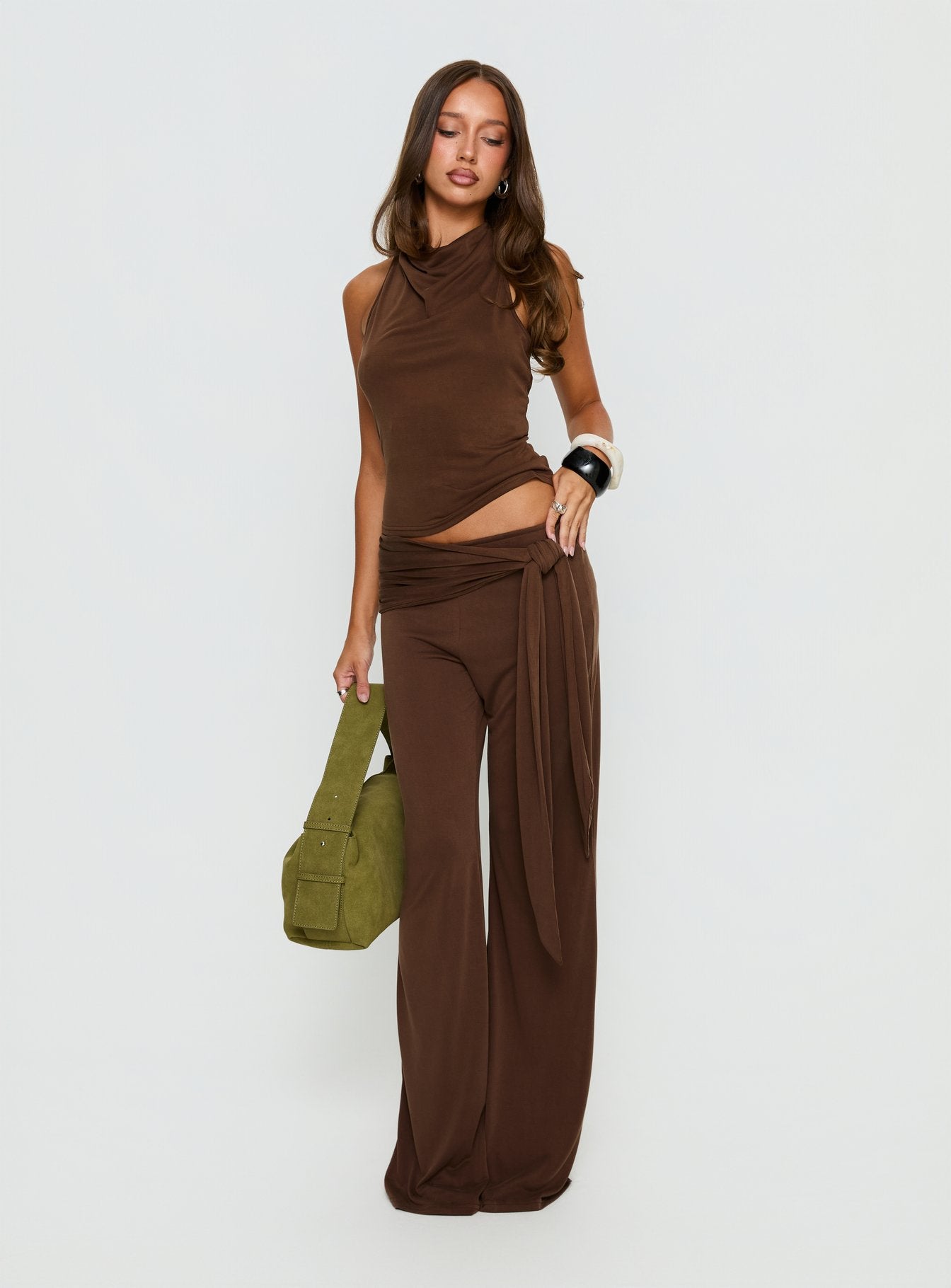 front view of model wearing Princess Polly Katiana Wrap Jersey Pants Brown Mid Rise Pants 