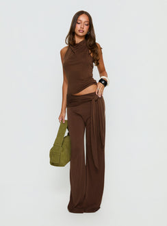 front view of model wearing Princess Polly Katiana Wrap Jersey Pants Brown Mid Rise Pants 
