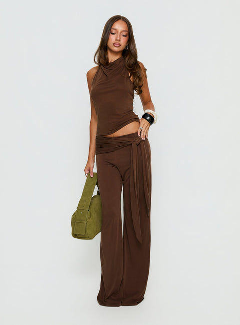 front view of model wearing Princess Polly Katiana Wrap Jersey Pants Brown Mid Rise Pants 
