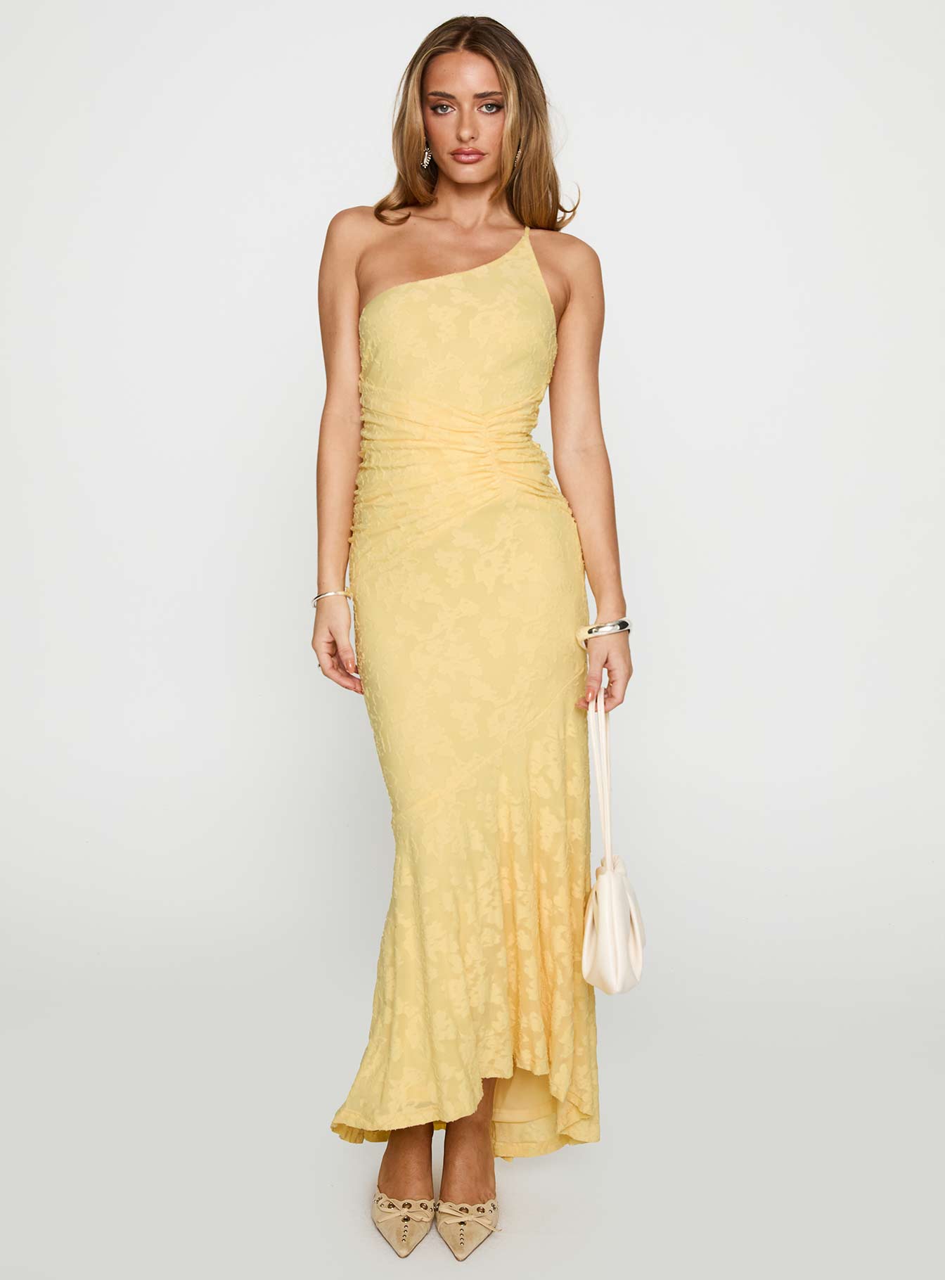 lemon chiffon one shoulder draped bodycon dress Yellow One Shoulder Chiffon Dress Lemon Chiffon One Shoulder Draped Bodycon Dress Dresses PLT KSA