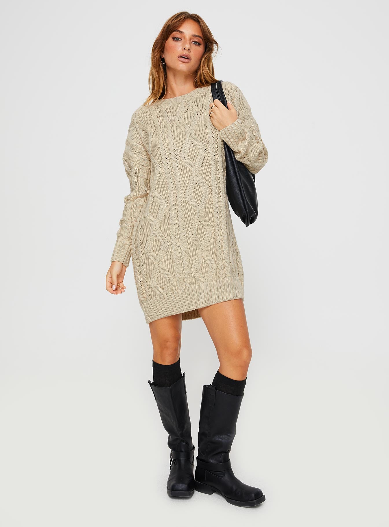 front view of model wearing Princess Polly Anaya Sweater Mini Dress Beige Crew Neck 