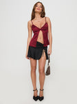 front view of model wearing Princess Polly Gunnar Top Burgundy Sleeveless Plunger 