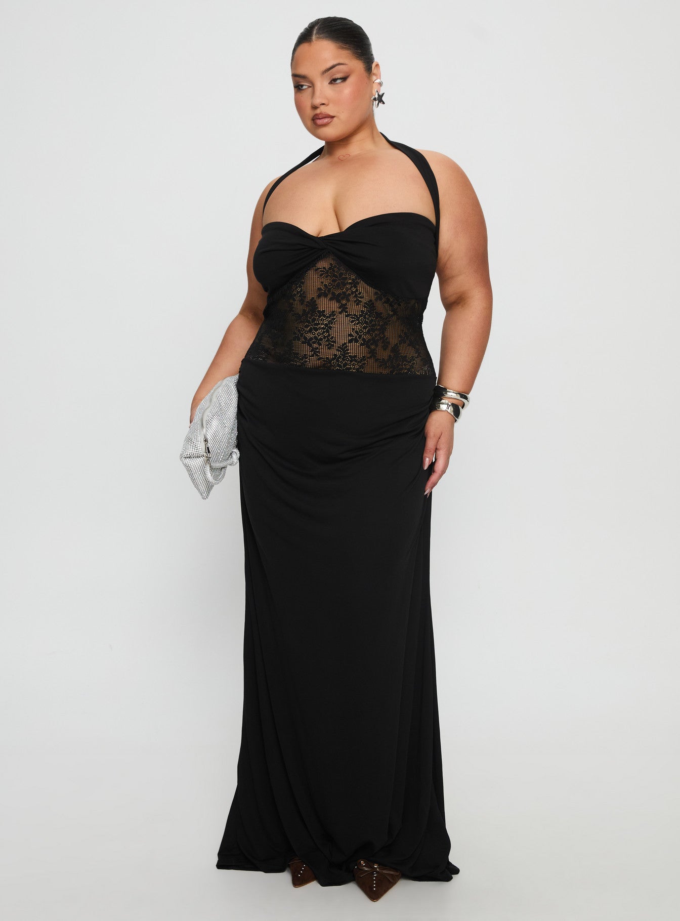 Adalyne Lace Halter Maxi Dress Curve | Black | Womens | Princess Polly Curve Adalyne Lace Halter Maxi Dress Curve | Black | Womens | Princess Polly Curve
