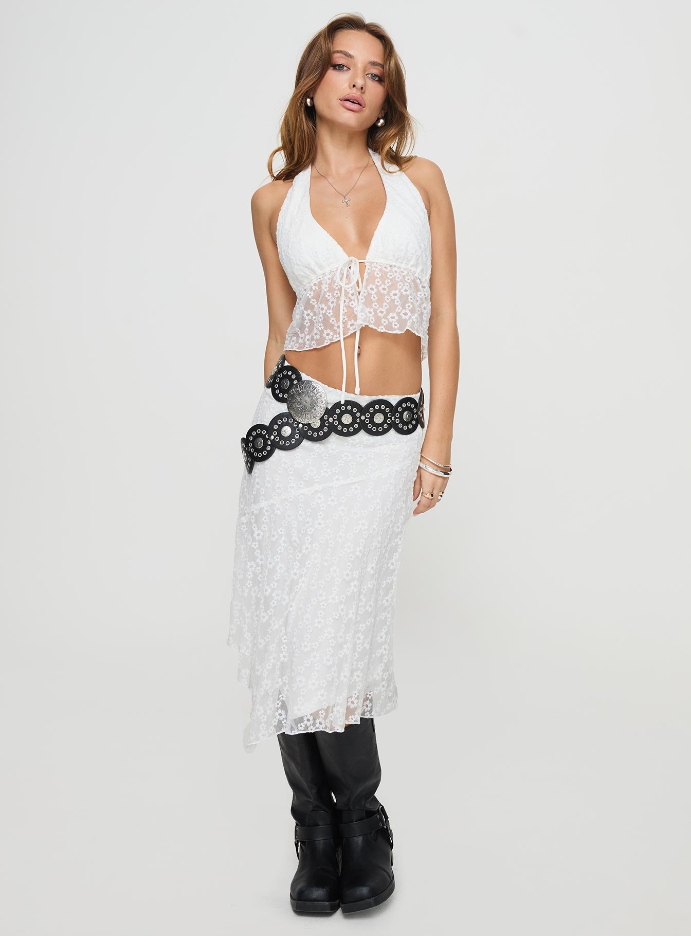 Matching two-piece set V neckline, halter style, drawstring fastening at bust, split hem Midi skirt, diagonal stitching detail, invisible zip fastening, asymmetric hem Non-stretch material, lined bust & skirt