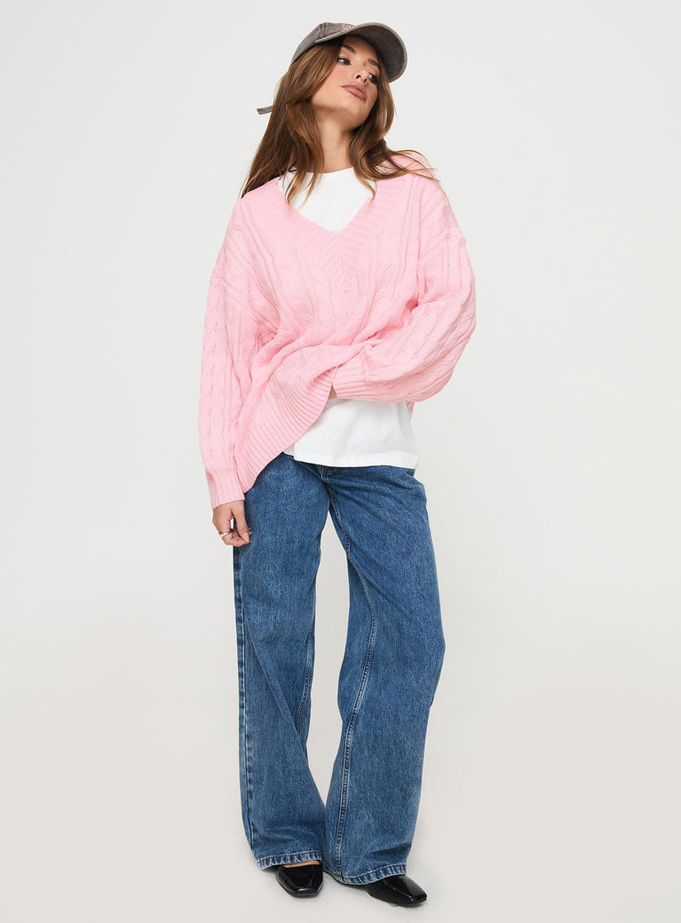 side view of model wearing Princess Polly Moldova Knit Sweater Pink Long 