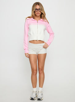 front view of model wearing Princess Polly Take The Lead Zip Through Knit Sweater Pink / White Cropped 