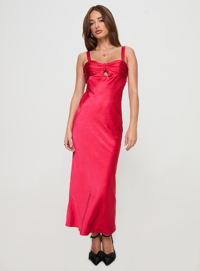 front view of model wearing Princess Polly Joane Maxi Dress Red Sweetheart Neckline 