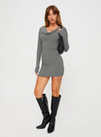 front view of model wearing Princess Polly Kindra Long Sleeve Mini Dress Grey Cowl Neck 