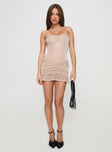 front view of model wearing Princess Polly Sansevero Strapless Mini Dress Champagne Sweetheart Neckline 