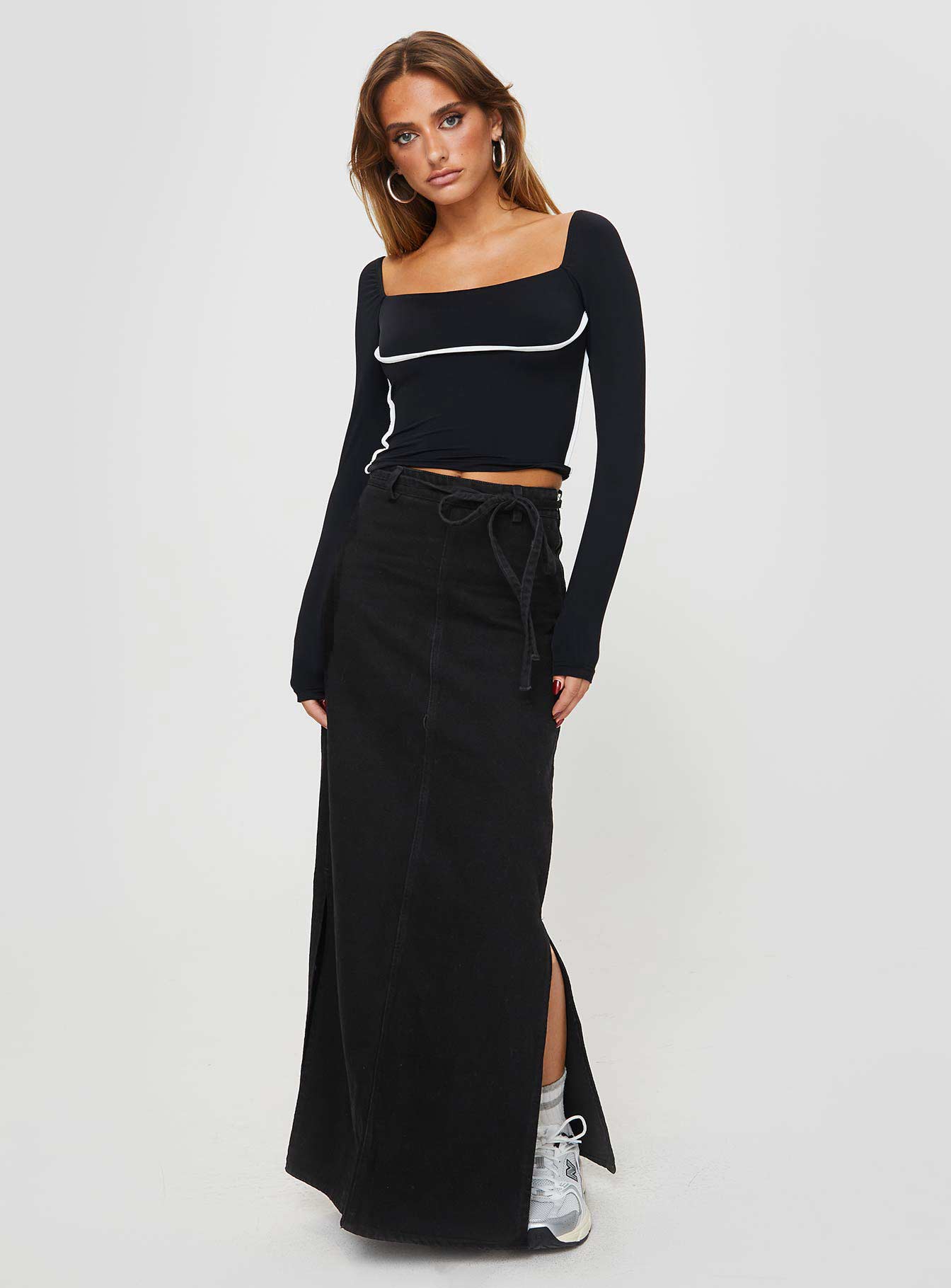 Brandee tie front denim maxi skirt black wash