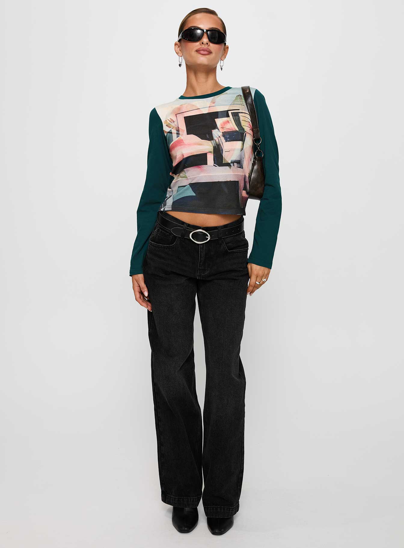 side view of model wearing Princess Polly Sonique Long Sleeve Top Multi Full Sleeves Crew Neck 