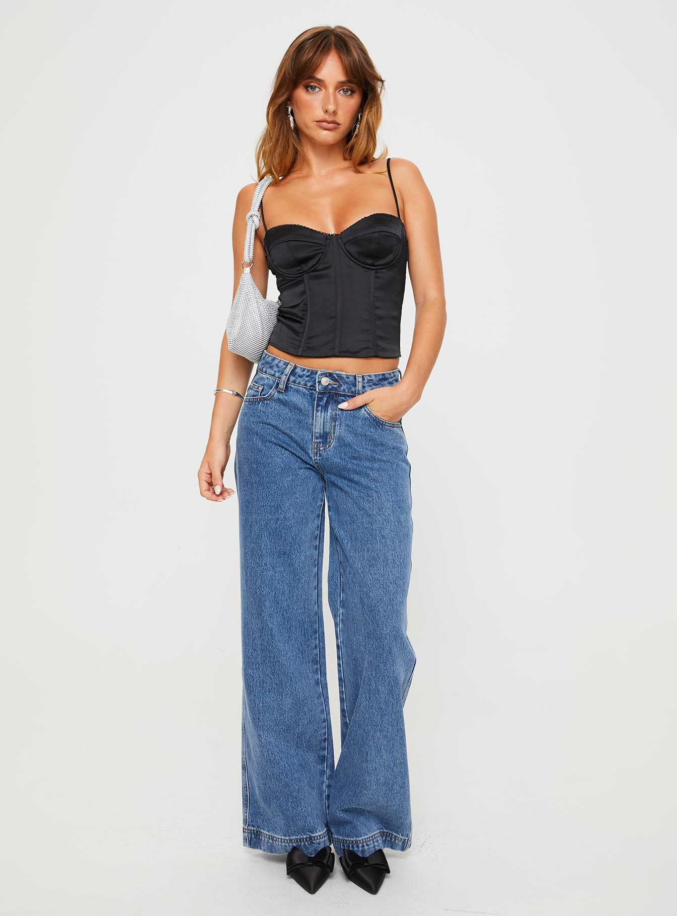 front view of model wearing Princess Polly Marlu Top Black Sleeveless Sweetheart 