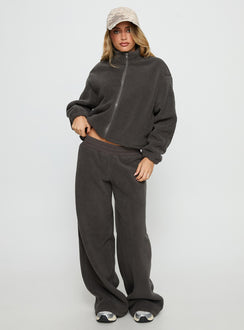 front view of model wearing Princess Polly Siberia Fleece Track Pant Charcoal Mid Rise Pants 