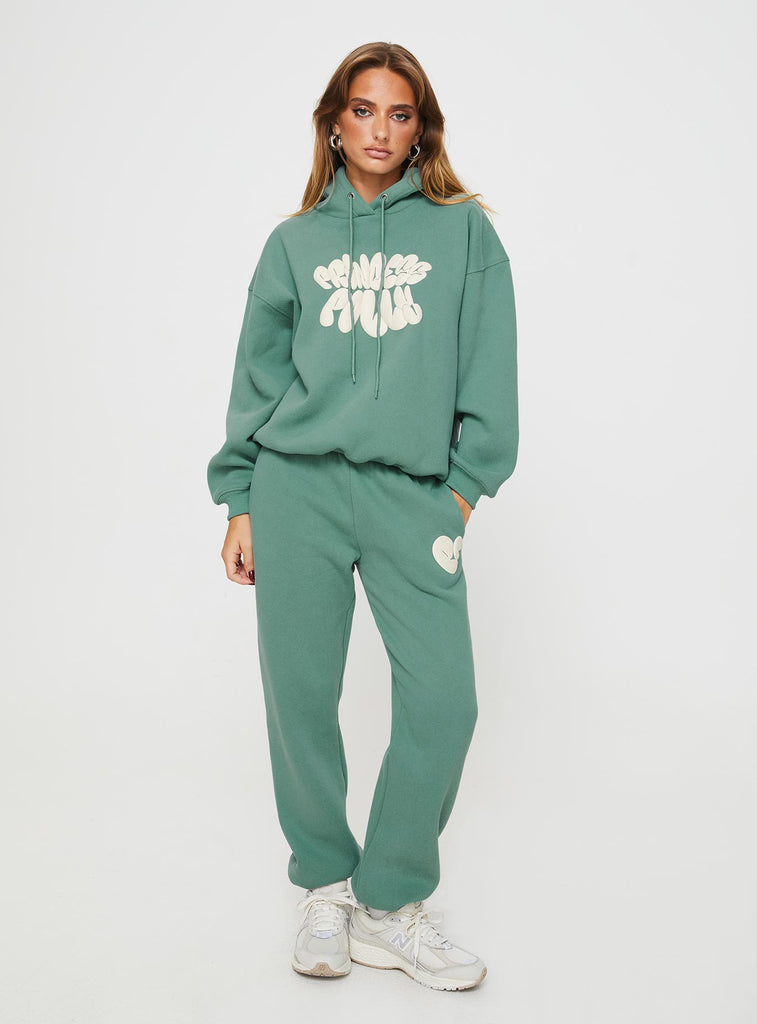 Princess Polly Hooded Sweatshirt Bubble Text Sage / Eggshell