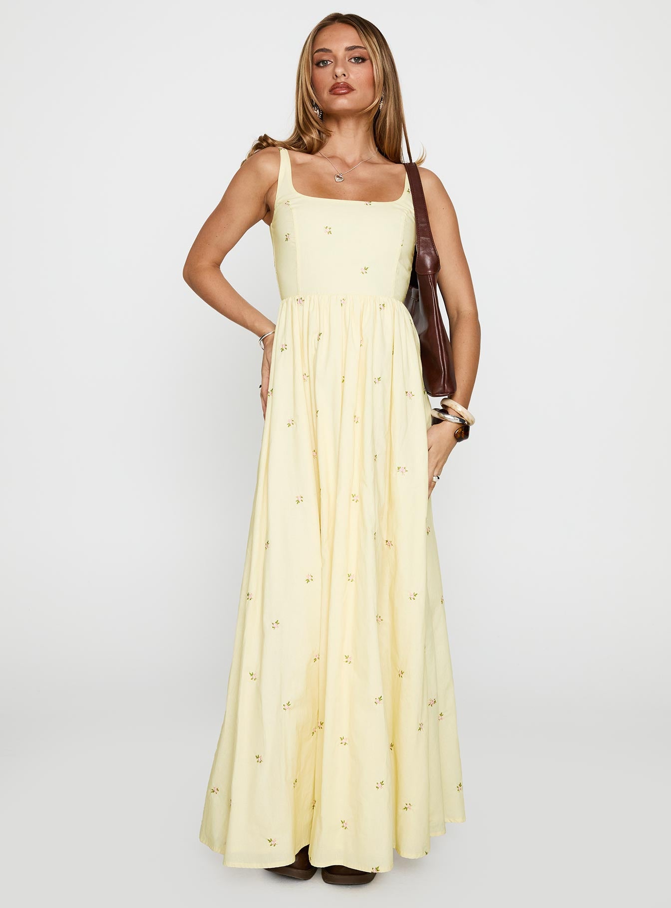 front view of model wearing Princess Polly Cartmel Embroidered Maxi Dress Cream Square Neck 