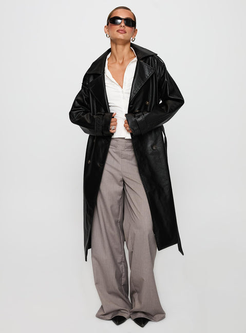Think Later Faux Leather Trench Coat Black