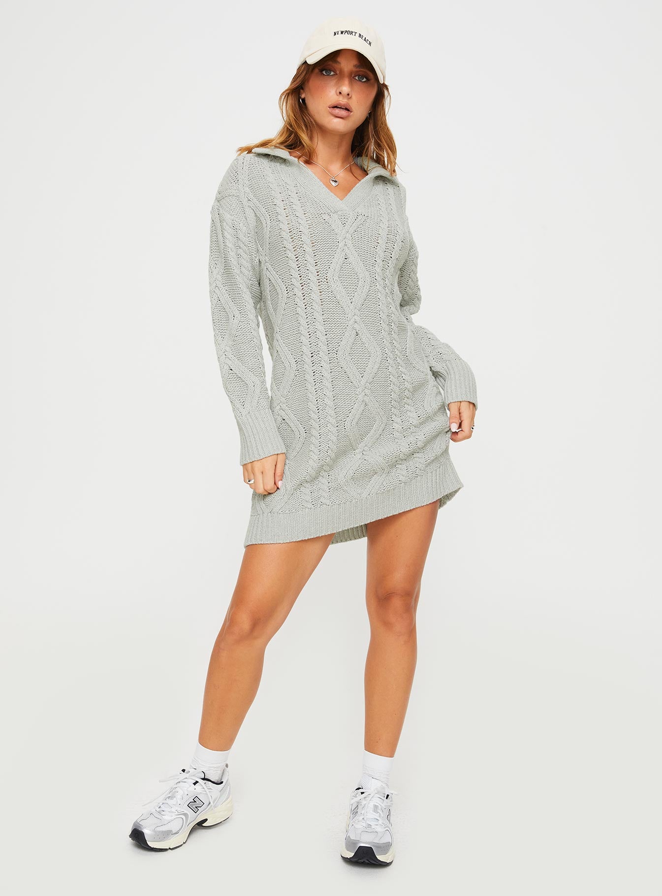front view of model wearing Princess Polly Cavanaugh Sweater Dress Grey Marle V-Neck 