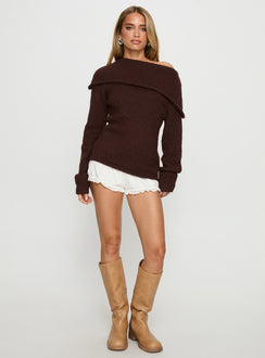 front view of model wearing Princess Polly Kinslea Off Shoulder Knit Sweater Brown regular 
