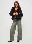Penny lane jacket Suede-like material, faux fur trimming, twin hip pockets, double hook and eye fastening down front
