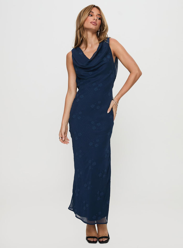 front view of model wearing Princess Polly Contessa Maxi Dress Navy Cowl Neck 