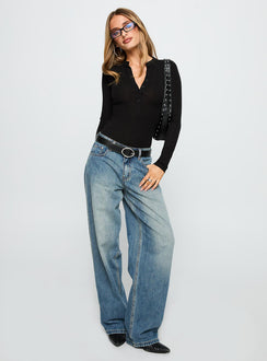 side view of model wearing Princess Polly Kandis Long Sleeve Bodysuit Black Long Sleeve Tops 