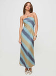 front view of model wearing Princess Polly Celik Strapless Maxi Dress Blue / Brown Straight Neck 