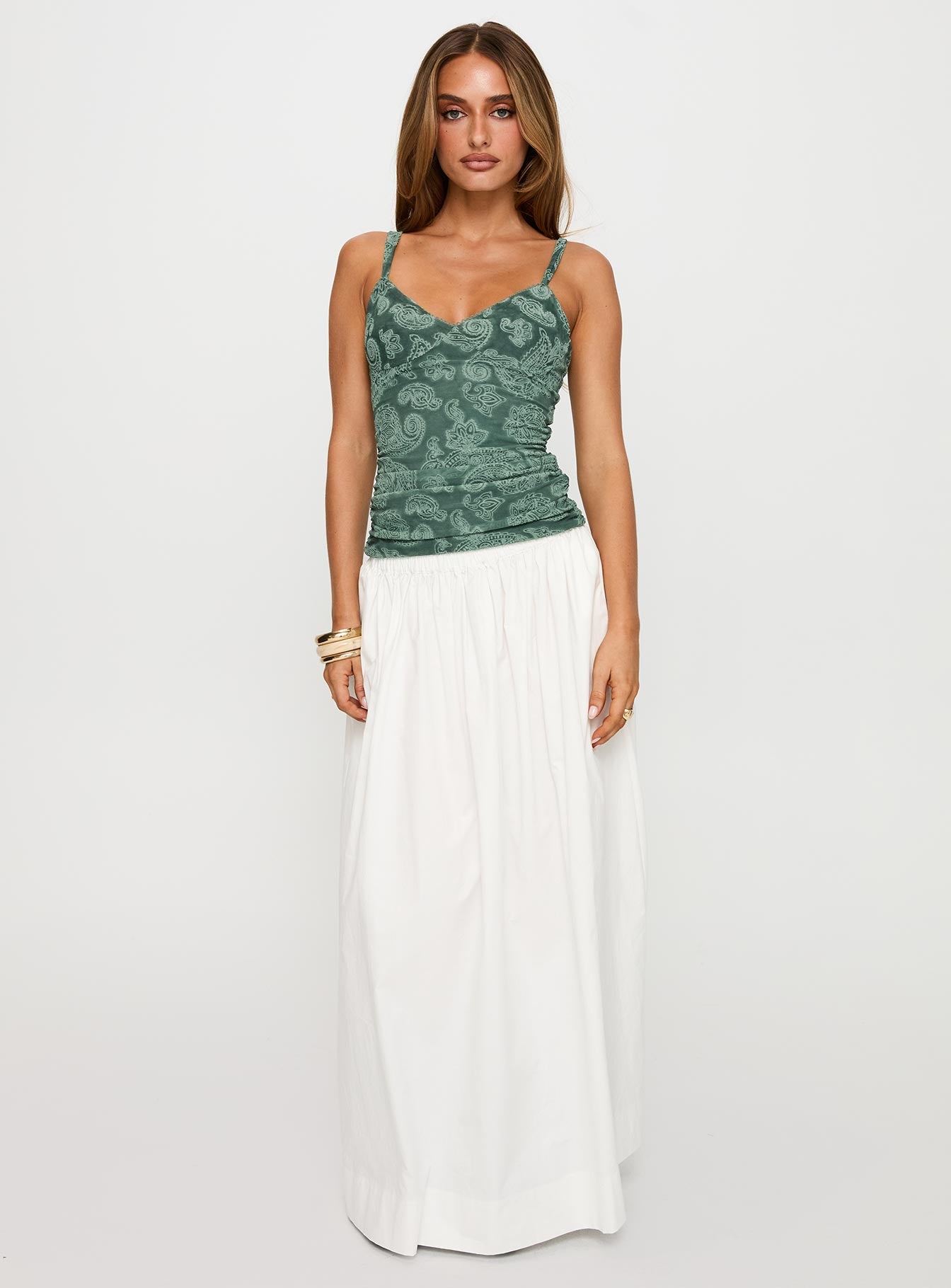 side view of model wearing Princess Polly Attention On Me Top Teal Sleeveless V-Neck 