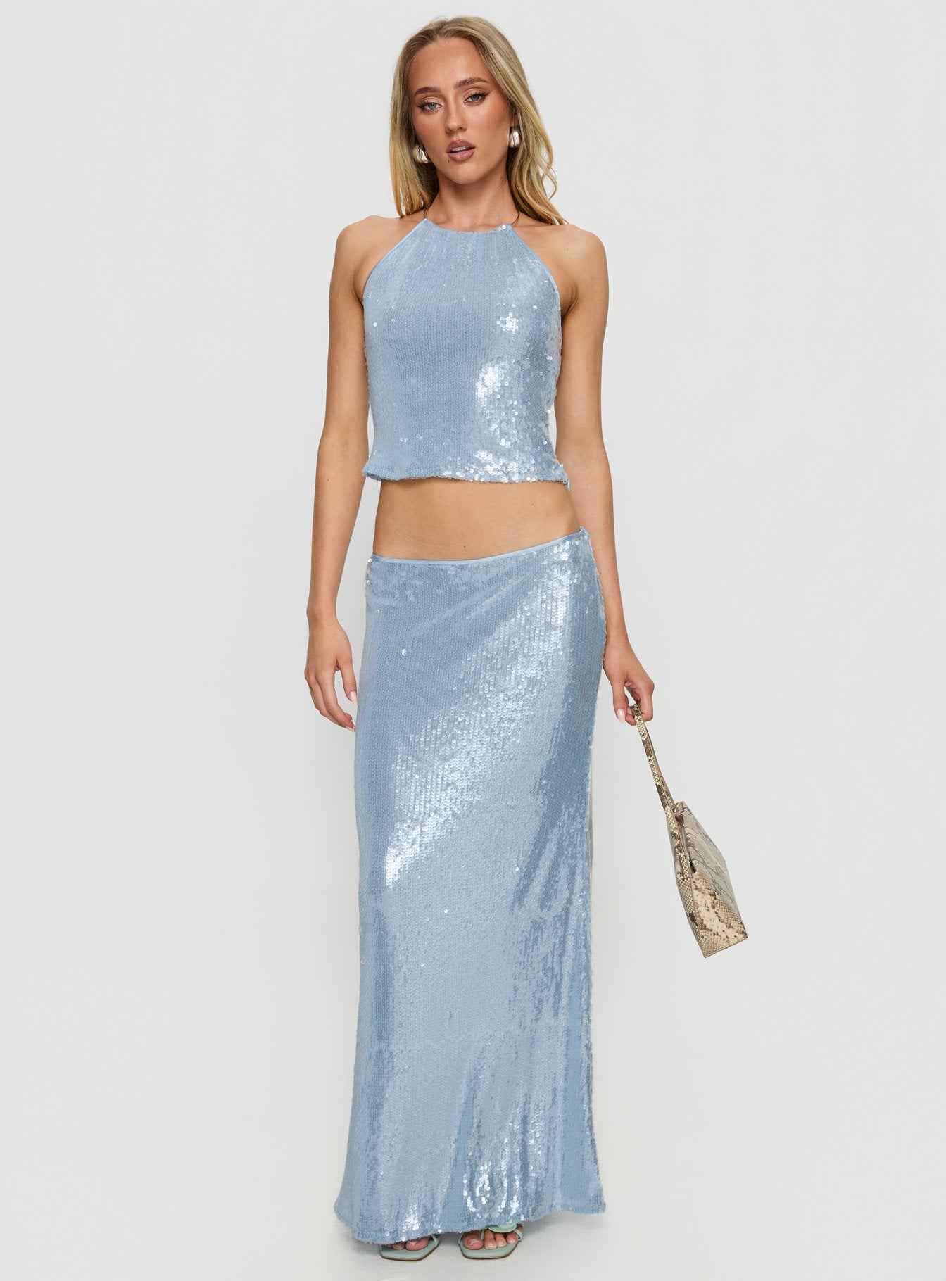 Emalia Halter Sheer Sequin Top | Blue | Womens | Princess Polly Lower Impact Emalia Halter Sheer Sequin Top | Blue | Womens | Princess Polly Lower Impact