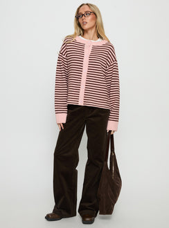 front view of model wearing Princess Polly Darnelle Button Up Knit Cardigan Pink Stripe Longline Jumpers 