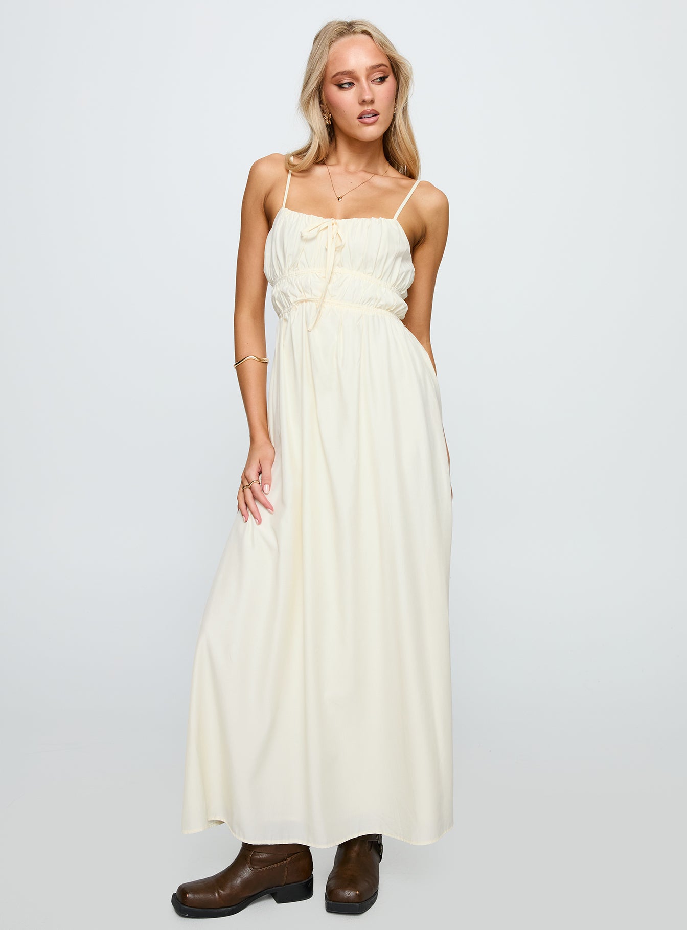 side view of model wearing Princess Polly Violeta Tiered Maxi Dress Cream Square Neck 