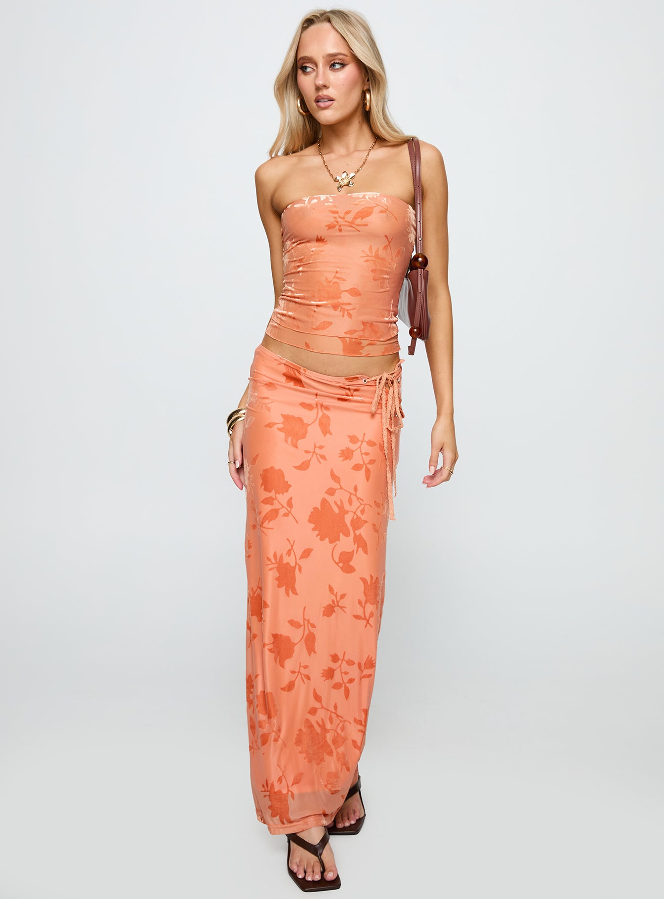 front view of model wearing Princess Polly Mikah Strapless Top Orange Sleeveless straight 