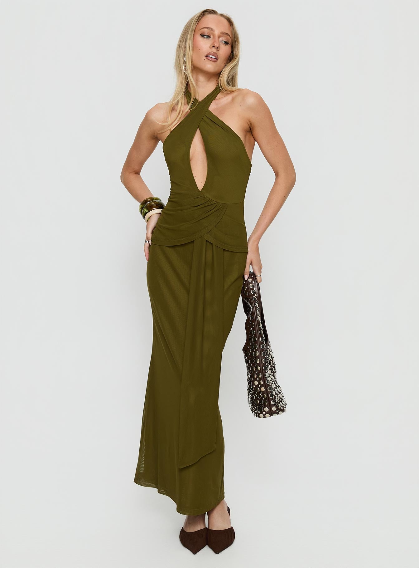 Feliza Keyhole Halter Maxi Dress | Olive | Womens | Princess Polly
