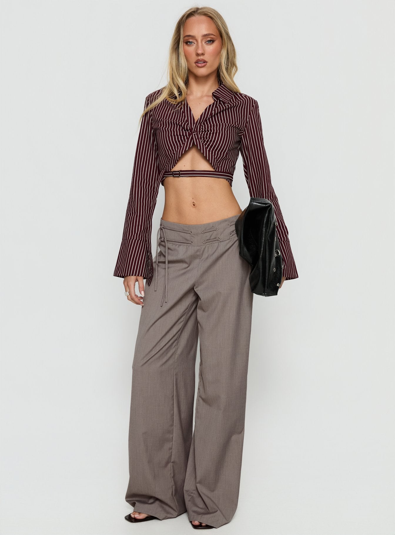 Xylia Wrap Detail Cropped Long Sleeve Top Brown Stripe | Princess