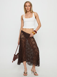   front view of model wearing Princess Polly Tidal Midi Skirt Chocolate 