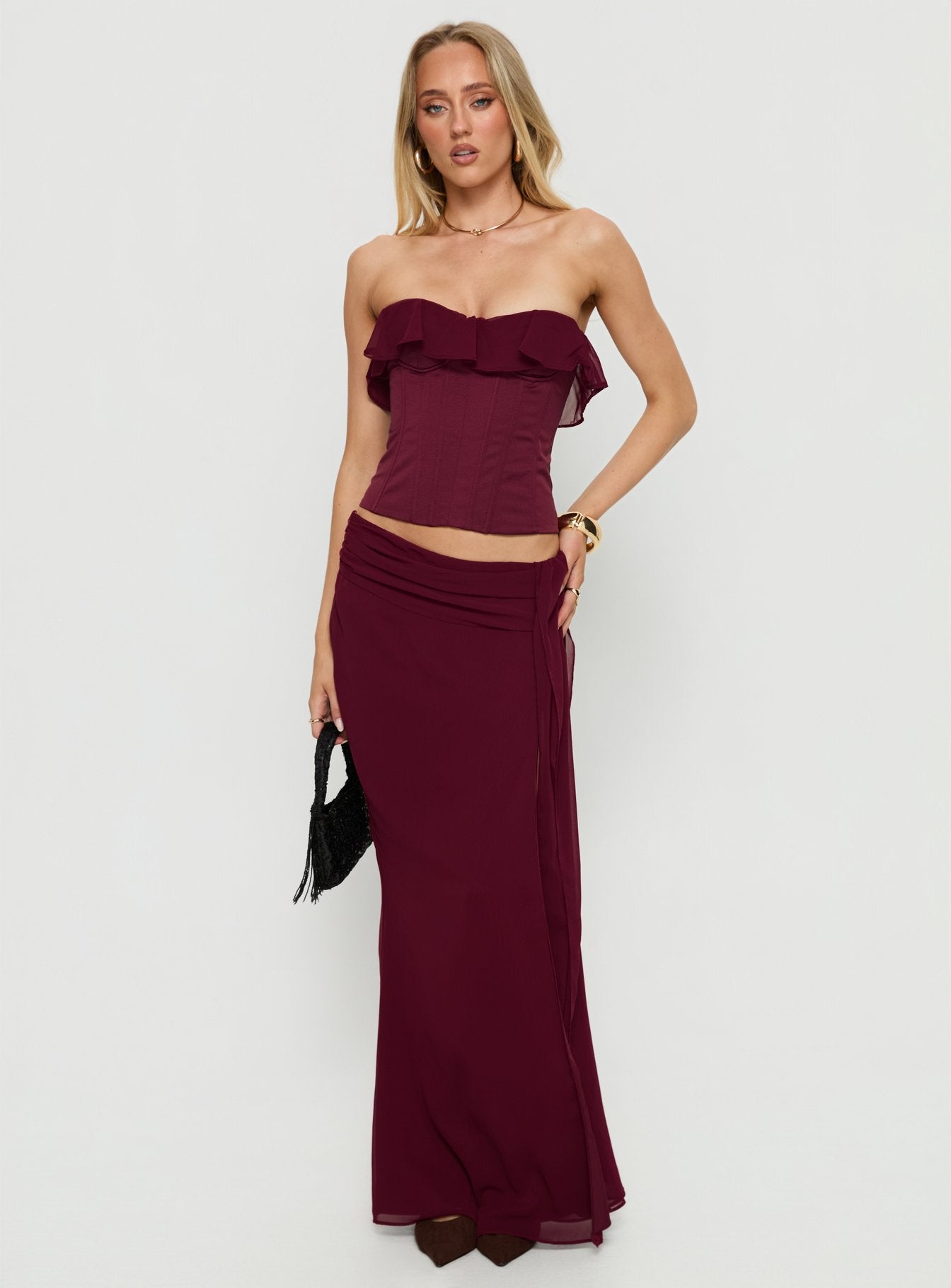   front view of model wearing Princess Polly Hollian Draped Maxi Skirt Wine Maxi Skirts 