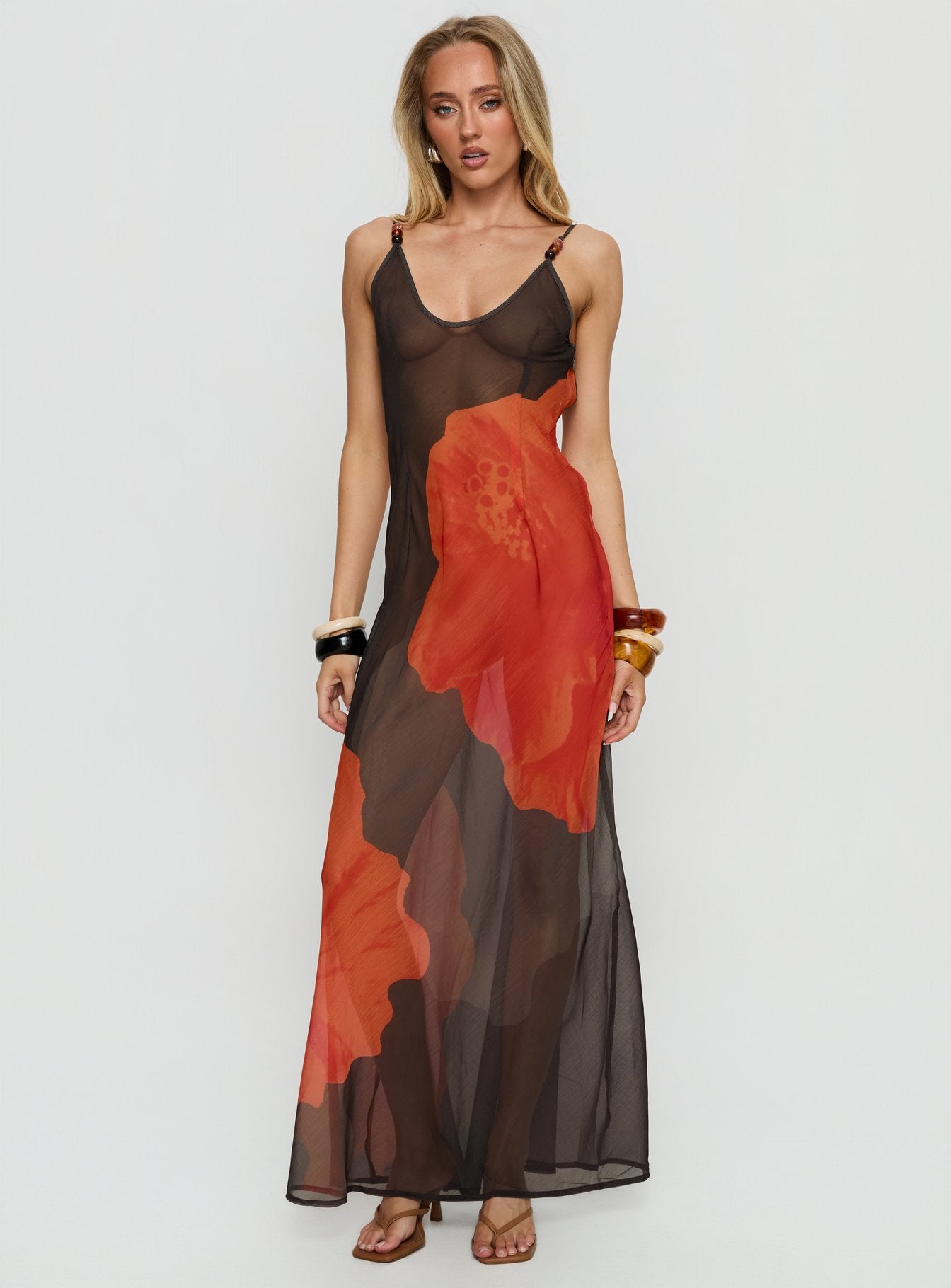 Carita Sheer Chiffon Maxi Dress Brown / Orange Floral | Princess Polly Carita Sheer Chiffon Maxi Dress Brown / Orange Floral | Princess Polly