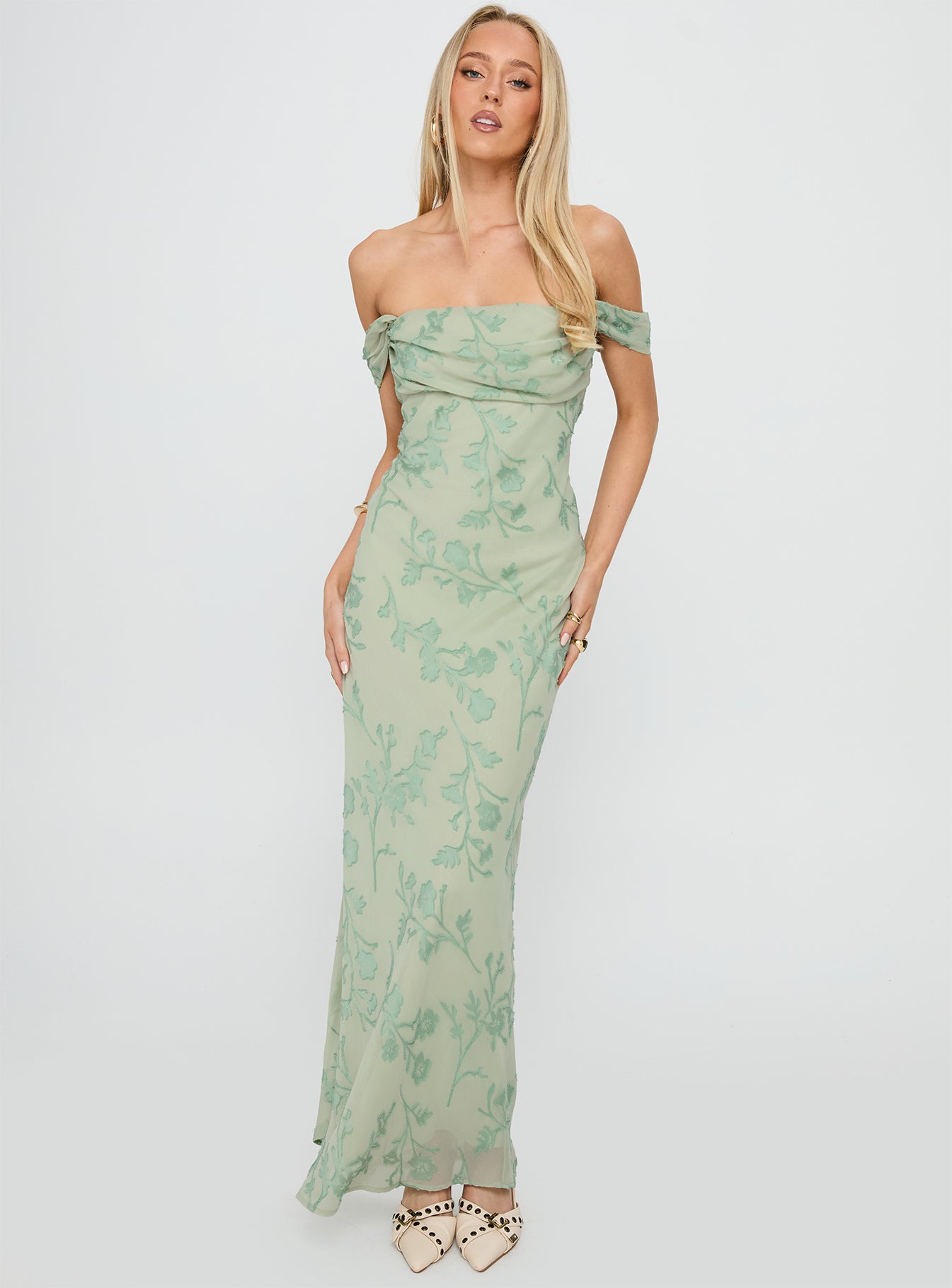 Azura Off The Shoulder Maxi Dress Green Burnout | Princess Polly Azura Off The Shoulder Maxi Dress Green Burnout | Princess Polly