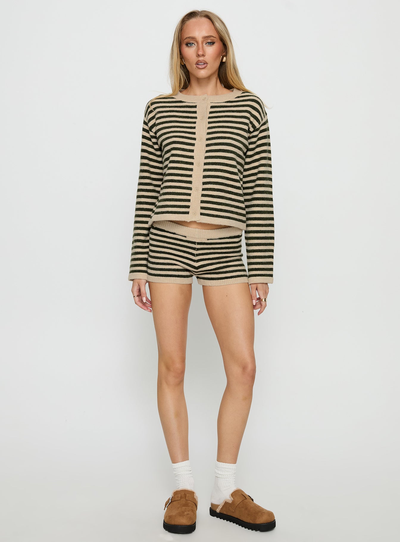 side view of model wearing Princess Polly Kollens Knit Cardigan Beige Multi Cropped Jumpers 