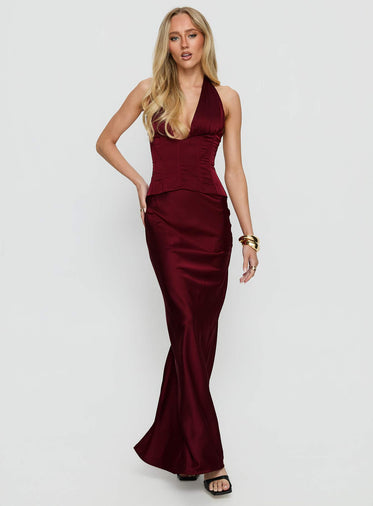 In A Trance Halter Corset Maxi Dress Red
