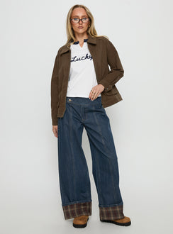 front view of model wearing Princess Polly Nikoletta Foldover Jeans Dark Wash / Check Mid Rise Jeans 