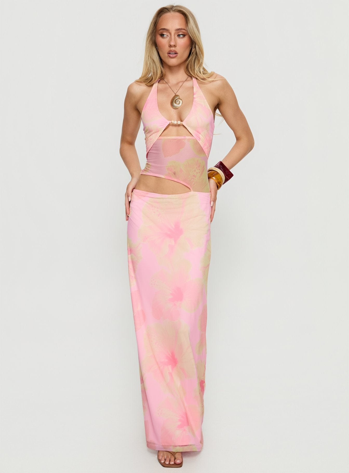 Dyanna Halter Mesh Maxi Dress | Pink Floral | Womens
