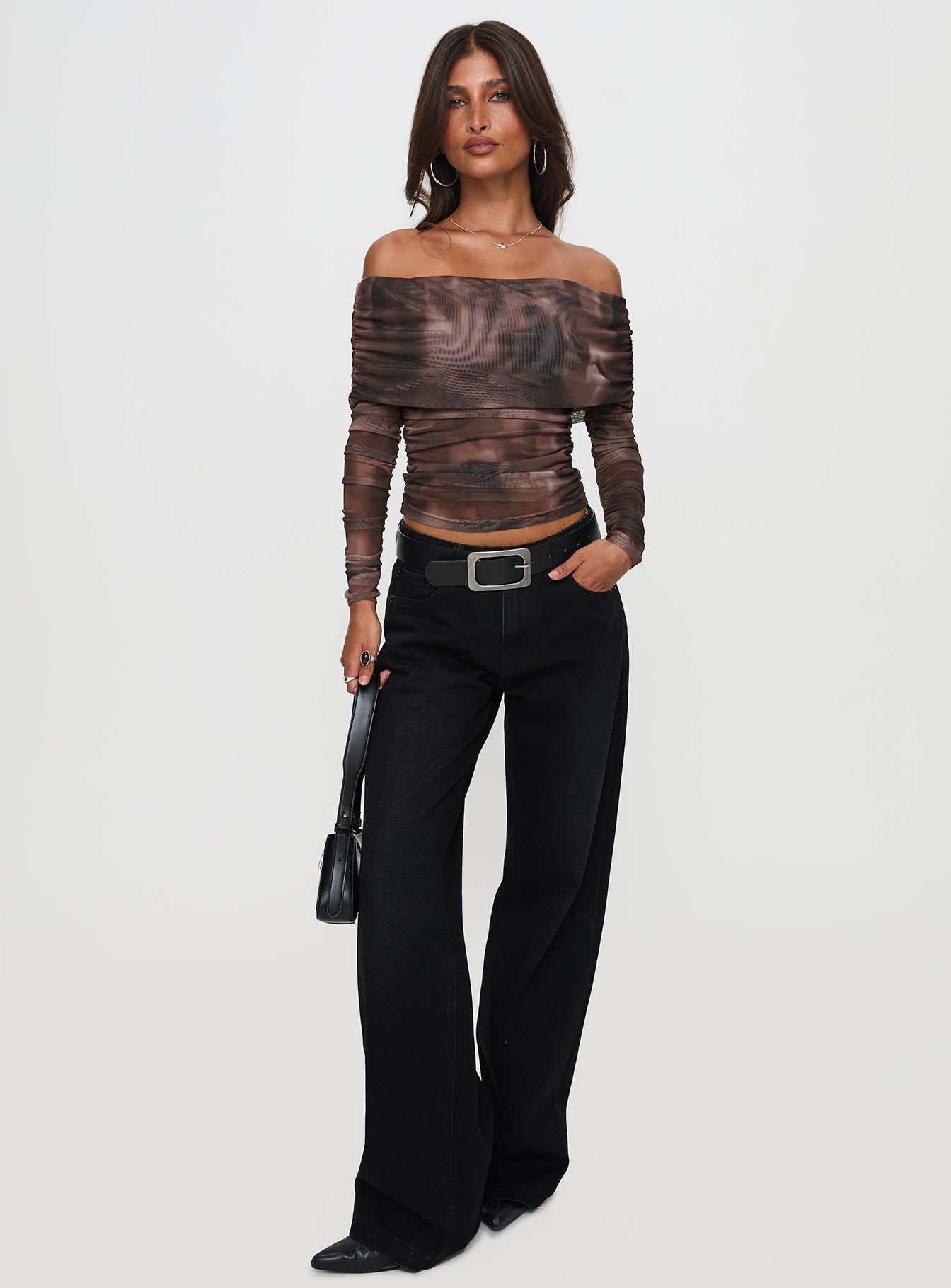 front view of model wearing Princess Polly Good Taste Off Shoulder Long Sleeve Top Multi Full Sleeves straight 