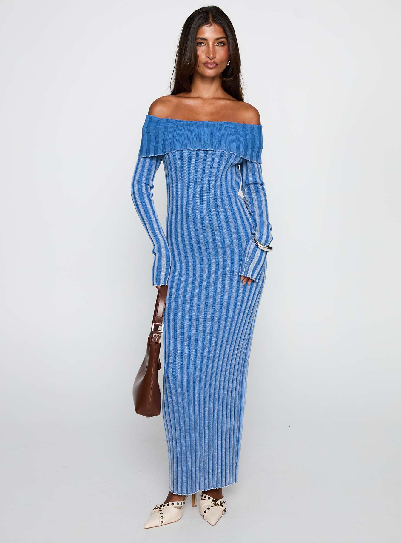 front view of model wearing Princess Polly Mariska Long Sleeve Rib Maxi Dress Blue Straight Neck 