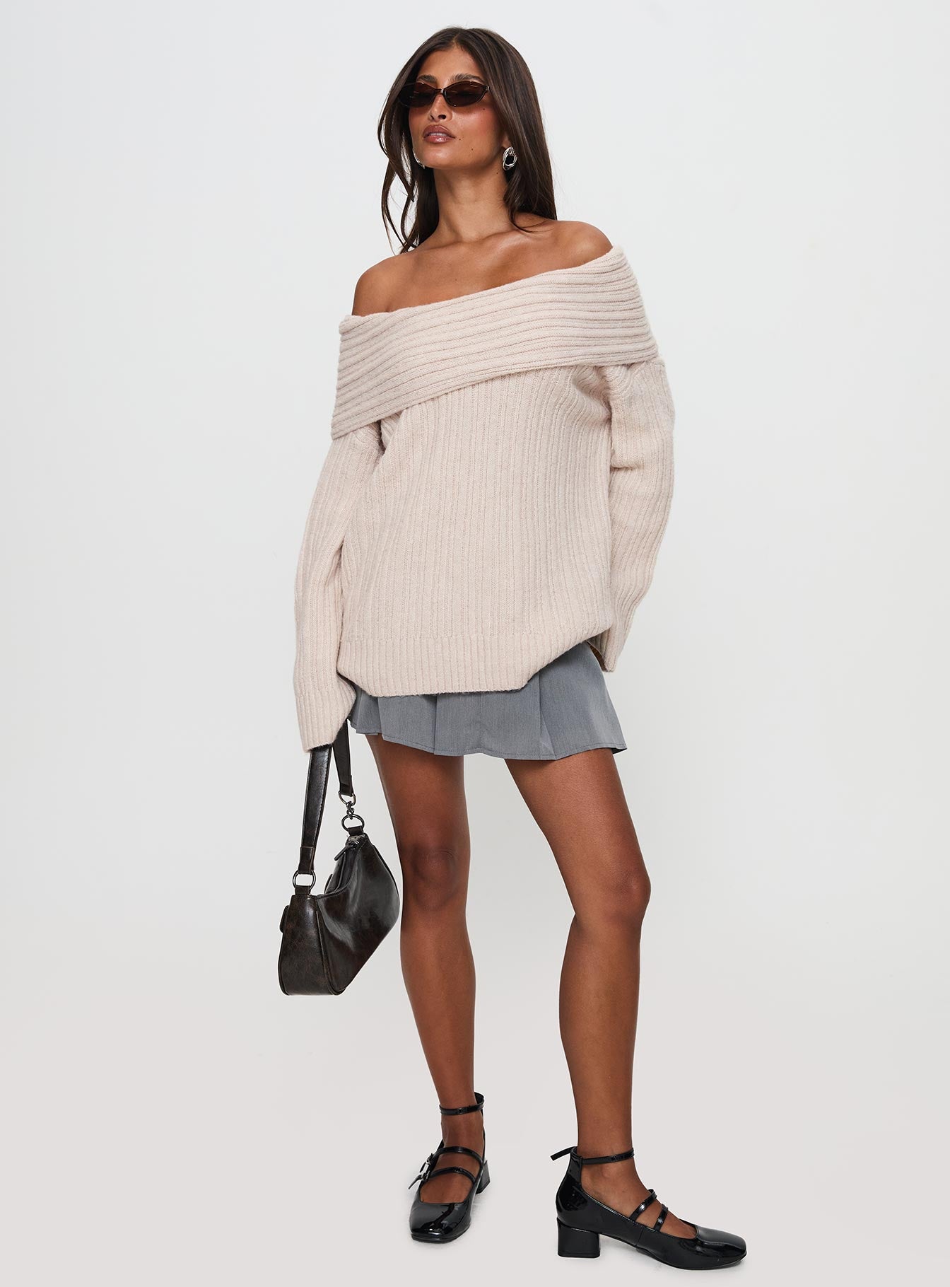front view of model wearing Princess Polly Mirrelle Off Shoulder Knit Sweater Beige Long 