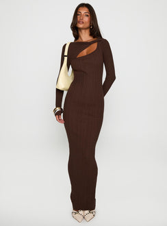 front view of model wearing Princess Polly Gyselle Long Sleeve Maxi Dress Brown Boat Neck 