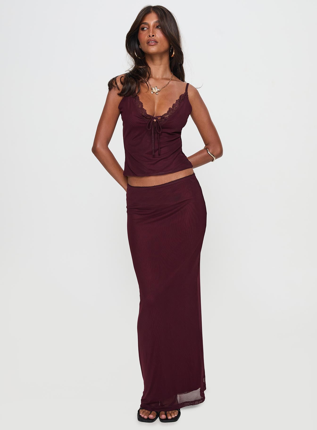 Reiko Lace Trim Tie Front Maxi Set Burgundy | Princess Polly