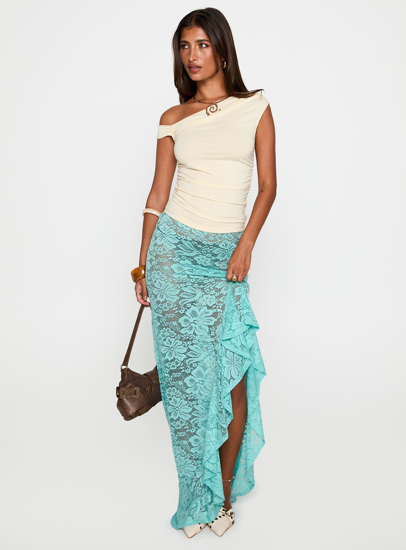   front view of model wearing Princess Polly Bluemoon Lace Maxi Skirt Blue Maxi 